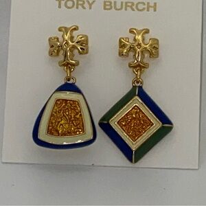 NWT Tory Burch Rosanne Mismatch Drop Earrings, blue/ green and gold tone
